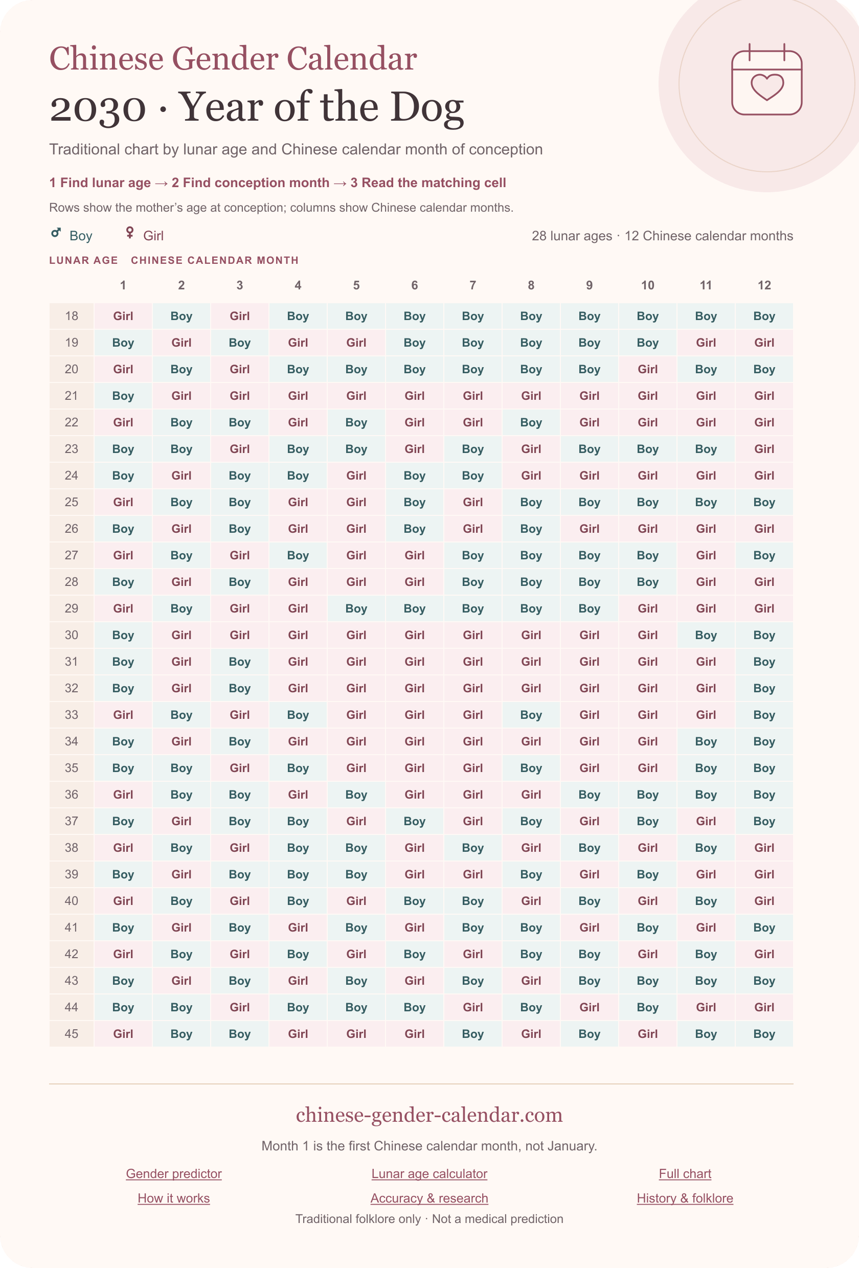 2030 traditional Chinese gender chart poster for lunar ages 18–45 and Chinese calendar months 1–12. The accessible table follows.